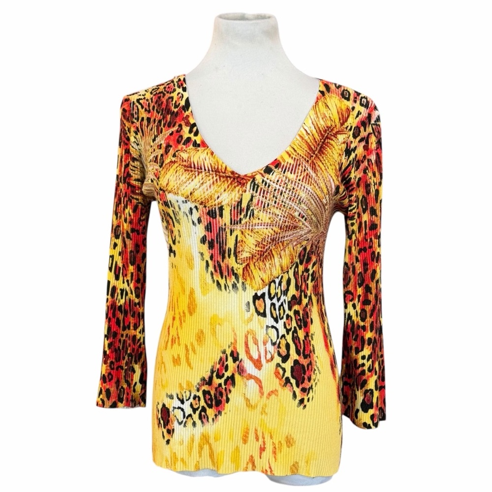 Belldini Yellow & Red Leopard Print 3/4 Sleeve V-Neck Sweater - Size XL